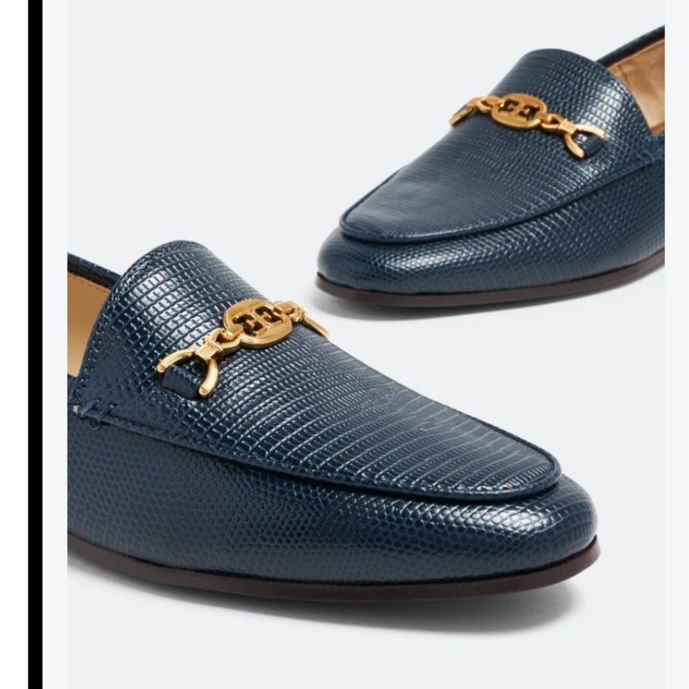 Sam Edelman Loraine Bit Loafer Navy Blue Lizard Embossed Horsebit Flats Size 7M